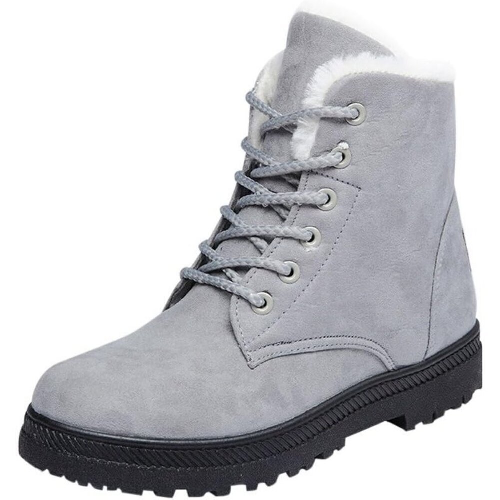 Alicegana Women's Winter Boots Snow Warm Fur Lined Lace Up Grey Non Slip Boots - Picture 1 of 7